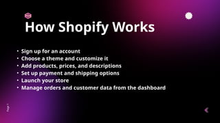 How Shopify Works
Page
1
• Sign up for an account
• Choose a theme and customize it
• Add products, prices, and descriptions
• Set up payment and shipping options
• Launch your store
• Manage orders and customer data from the dashboard
 