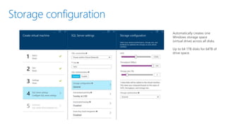 Storage configuration
Automatically creates one
Windows storage space
(virtual drive) across all disks.
Up to 64 1TB disks for 64TB of
drive space.
 