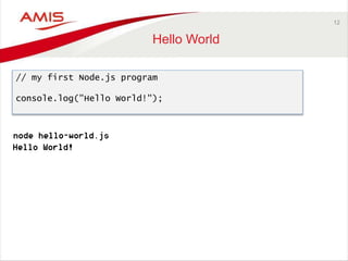 12
Hello World
// my first Node.js program
console.log("Hello World!");
 