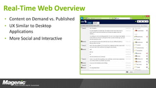 Real-Time Web Overview
• Content on Demand vs. Published
• UX Similar to Desktop
Applications
• More Social and Interactive
 