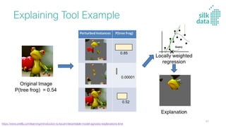 Explaining Tool Example
65
https://www.oreilly.com/learning/introduction-to-local-interpretable-model-agnostic-explanations-lime
 