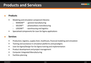 Products and Services

   Products
       Modeling and simulation component libraries
          MANSIM™ - general manufacturing
          SOLSIM™      - photovoltaics manufacturing
          LOGSIM™ - warehousing and logistics
       Specialized components for Lean Six Sigma applications

   Services
       Production, logistics, supply chain, healthcare, financial modeling and simulation
       Training and assistance in simulation platforms and paradigms
       Lean Six Sigma/Design For Six Sigma training and implementation
       Product development and project management
       Computer Integrated Manufacturing
       Facilities planning


                                               2011                                          6/24
 