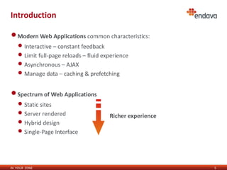 Introduction 
IN YOUR ZONE 
5 
•Modern Web Applications common characteristics: 
• Interactive – constant feedback 
• Limit full-page reloads – fluid experience 
• Asynchronous – AJAX 
• Manage data – caching & prefetching 
•Spectrum of Web Applications 
• Static sites 
• Server rendered 
• Hybrid design 
• Single-Page Interface 
Richer experience 
 