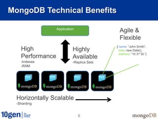 8
MongoDB Technical Benefits
Horizontally Scalable
-Sharding
Agile &
Flexible
High
Performance
-Indexes
-RAM
Application
Highly
Available
-Replica Sets
{ name: ―John Smith‖,
date: new Date(),
address: ―10 3rd St.‖}
 