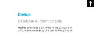 Hashes and stores a password in the database to
validate the authenticity of a user while signing in.
Devise
Database Authenticatable
 