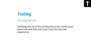 Testing
Verifying that all of the product/business needs have
been met and that end users have the desired
experience.
Acceptance
 