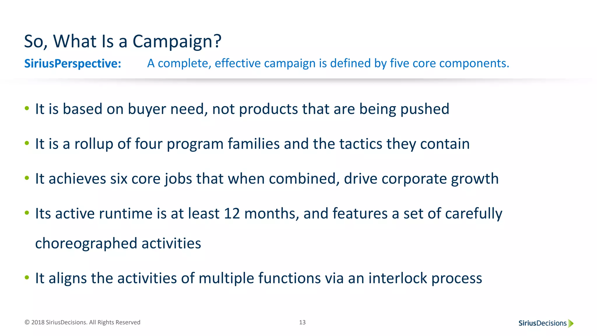 SiriusPerspective:
© 2018 SiriusDecisions. All Rights Reserved 13
A complete, effective campaign is defined by five core components.
• It is based on buyer need, not products that are being pushed
• It is a rollup of four program families and the tactics they contain
• It achieves six core jobs that when combined, drive corporate growth
• Its active runtime is at least 12 months, and features a set of carefully
choreographed activities
• It aligns the activities of multiple functions via an interlock process
So, What Is a Campaign?
 