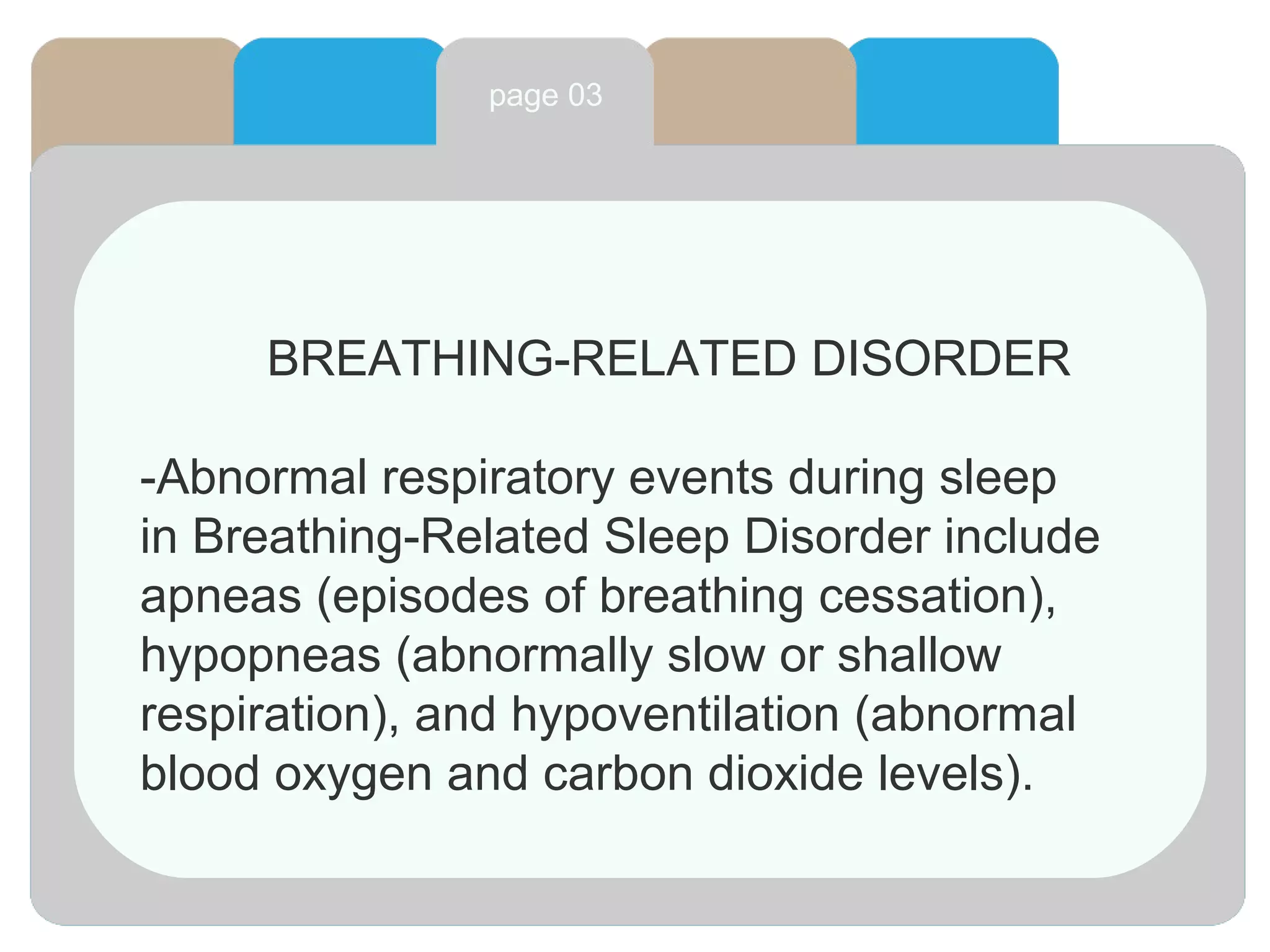 page 03
BREATHING-RELATED DISORDER
-Abnormal respiratory events during sleep
in Breathing-Related Sleep Disorder include
apneas (episodes of breathing cessation),
hypopneas (abnormally slow or shallow
respiration), and hypoventilation (abnormal
blood oxygen and carbon dioxide levels).
 