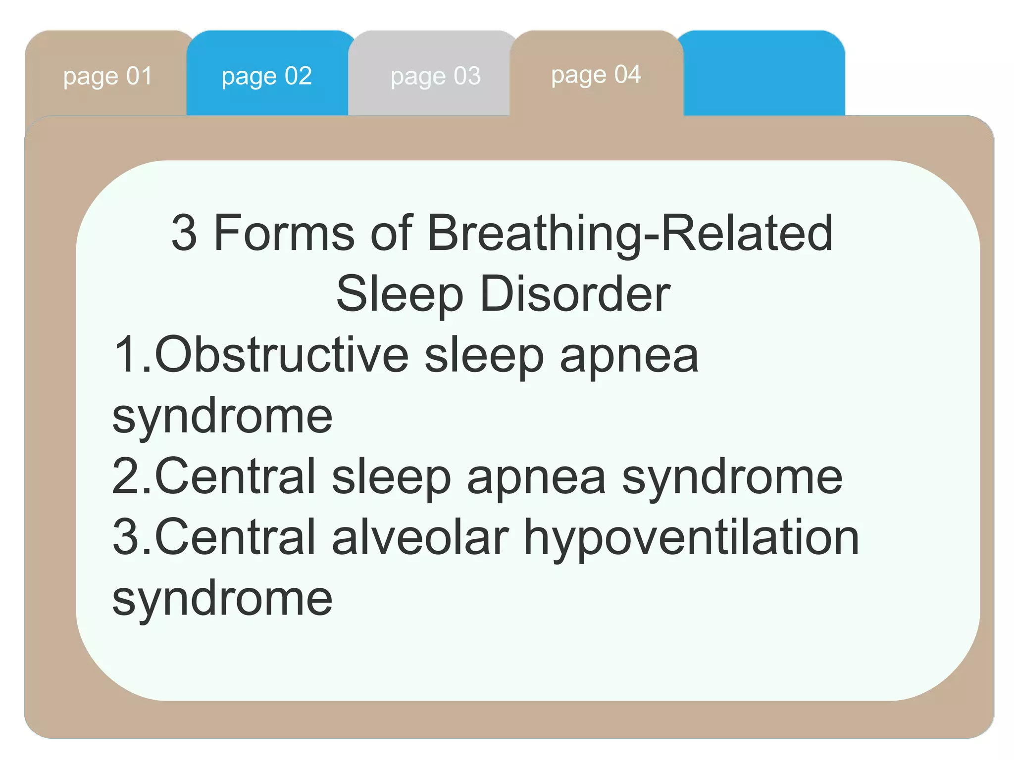 page 01 page 02 page 03 page 04
3 Forms of Breathing-Related
Sleep Disorder
1.Obstructive sleep apnea
syndrome
2.Central sleep apnea syndrome
3.Central alveolar hypoventilation
syndrome
 