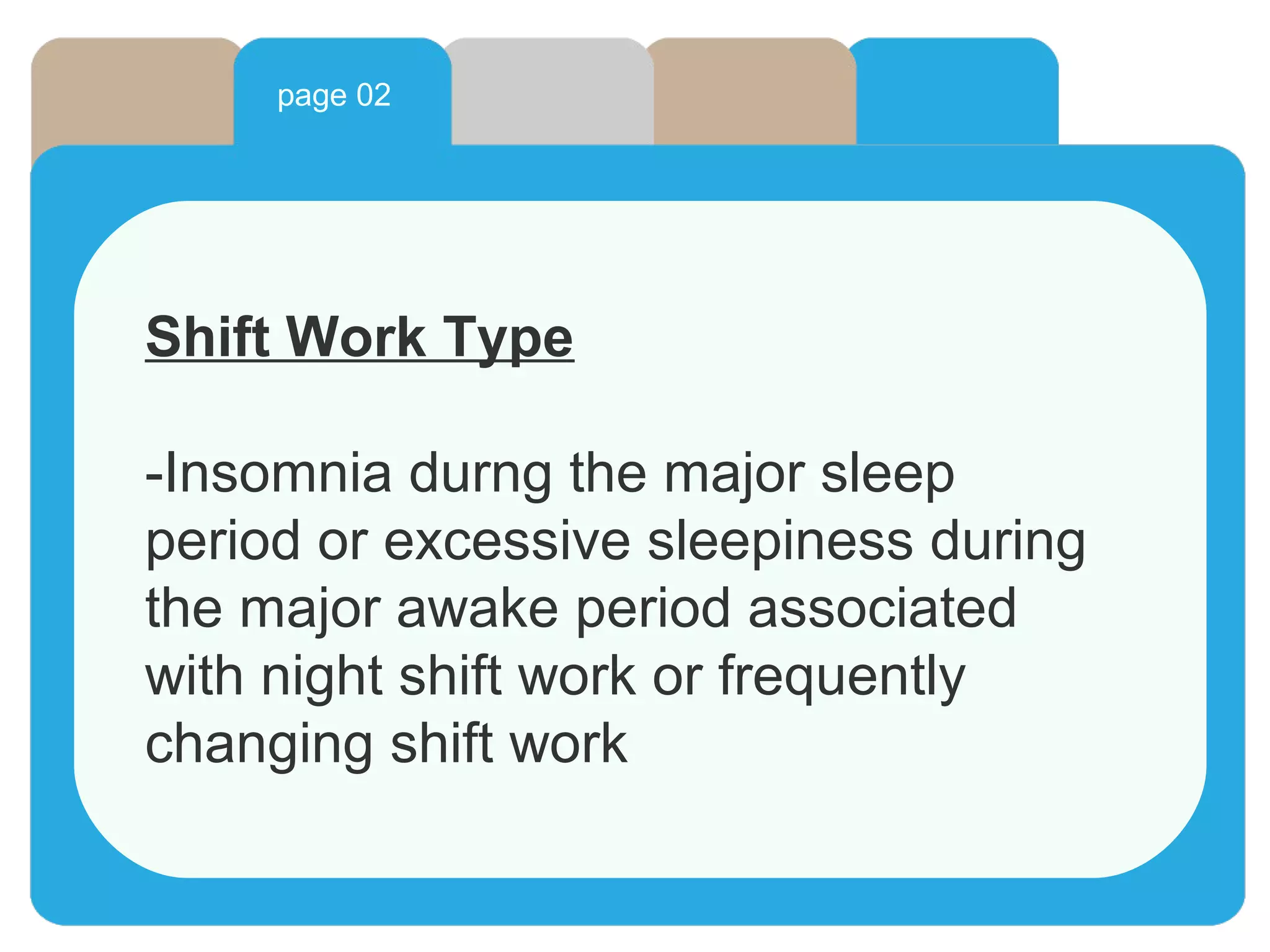 page 02
Shift Work Type
 
-Insomnia durng the major sleep
period or excessive sleepiness during
the major awake period associated
with night shift work or frequently
changing shift work
 