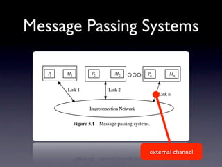 Message Passing Systems
104     MESSAGE PASSING ARCHITECTURE



            P1        M1           P2          M2             Pn        Mn


                      Link 1                Link 2
                                                                   Link n

                                  Interconnection Network


                           Figure 5.1   Message passing systems.


networks have received considerable attention over the years. As shown in Chapter 2,
two important factors must be considered in designing message passing interconnec-
                                                               external channel
tion networks: link bandwidth and the network latency. The link bandwidth is deﬁned
as the number of bits that can be transmitted per unit of time (bits/s). Network latency
is deﬁned as the time to complete a message transfer through the network.
 