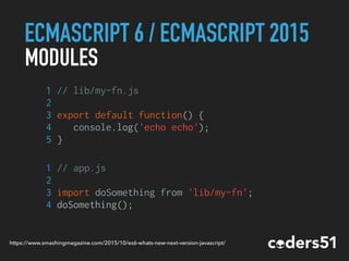 ECMASCRIPT 6 / ECMASCRIPT 2015
MODULES
1 // lib/my-fn.js
2
3 export default function() {
4 console.log('echo echo');
5 }
1 // app.js
2
3 import doSomething from 'lib/my-fn';
4 doSomething();
https://www.smashingmagazine.com/2015/10/es6-whats-new-next-version-javascript/
 
