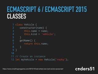 ECMASCRIPT 6 / ECMASCRIPT 2015
1 class Vehicle {
2 constructor(name) {
3 this.name = name;
4 this.kind = 'vehicle';
5 }
6 getName() {
7 return this.name;
8 }
9 }
10
11 // Create an instance
12 let myVehicle = new Vehicle('rocky');
CLASSES
https://www.smashingmagazine.com/2015/10/es6-whats-new-next-version-javascript/
 