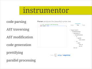 instrumentor
code parsing
AST traversing
AST modification
code generation
prettifying
parallel processing

 
