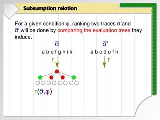 For a given condition φ, ranking two traces σ and
σ' will be done by comparing the evaluation trees they
induce.
Subsumption relation
σ
a b e f g h i k a b c d e f h
σ'
τ
τ(σ,φ)
τ
 