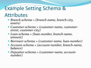 Example Setting Schema &
Attributes
 Branch-schema = (branch-name, branch-city,
assets)
 Customer-schema = (customer-name, customer-
street, customer-city)
 Loan-schema = (loan-number, branch-name,
amount)
 Borrower-schema = (customer-name, loan-number)
 Account-schema = (account-number, branch-name,
balance)
 Depositor-schema = (customer-name, account-
number)
 