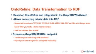 OntoRefine: Data Transformation to RDF
• Based on OpenRefine and integrated in the GraphDB Workbench
• Allows converting tabular data into RDF
− Supported formats are TSV, CSV, *SV, XLS, XLSX, JSON, XML, RDF as XML, and Google sheet
− Easily filter your data, edit its inconsistencies
− View the cleaned data as RDF
• Exposes a GraphDB SPARQL endpoint
− Transform your data using SPIN functions
− Import your data straight into a GraphDB repository
The Power of Semantic Technologies to Explore Linked Open Data Jan 2017 #11
 