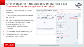 Copyright © 2014, Oracle and/or its affiliates. All rights reserved. 
Отслеживание и трассировка инстансов в EM 
1.Загрузка списка инстансов только по запросу 
2.Стандартные шаблоны для поиска инстансов 
3.Кастомизация поисковых фильтров, использую стандартные поля и переменные процессов, сохраняемые в виде данных сенсоров 
4.Сохранение поисковых фильтров 
5.Распространение поисковых запросов в виде ссылок 
Улучшенный отклик при просмотре инстансов 
1 
2 
3 
3 
4 
5 
Industrial SOA  