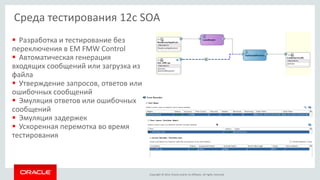 Copyright © 2014, Oracle and/or its affiliates. All rights reserved. 
Среда тестирования 12c SOA 
Разработка и тестирование без переключения в EM FMW Control 
Автоматическая генерация входящих сообщений или загрузка из файла 
Утверждение запросов, ответов или ошибочных сообщений 
Эмуляция ответов или ошибочных сообщений 
Эмуляция задержек 
Ускоренная перемотка во время тестирования  