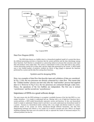 Fig. A typical DFD
Data Flow Diagram (DFD)
The DFD (also known as a bubble chart) is a hierarchical graphical model of a system that shows
the different processing activities or functions that the system performs and the data interchange among
these functions. Each function is considered as a processing station (or process) that consumes some input
data and produces some output data. The system is represented in terms of the input data to the system,
various processing carried out on these data, and the output data generated by the system. A DFD model
uses a very limited number of primitive symbols [as shown in fig. 5.1(a)] to represent the functions
performed by a system and the data flow among these functions.
Symbols used for designing DFDs
Here, two examples of data flow that describe input and validation of data are considered.
In Fig. 5.1(b), the two processes are directly connected by a data flow. This means that
the ‘validate-number’ process can start only after the ‘read-number’ process had supplied
data to it. However in Fig 5.1(c), the two processes are connected through a data store.
Hence, the operations of the two bubbles are independent. The first one is termed
‘synchronous’ and the second one ‘asynchronous’.
Importance of DFDs in a good software design
The main reason why the DFD technique is so popular is probably because of the fact that DFD is a very
simple formalism – it is simple to understand and use. Starting with a set of high-level functions that a
system performs, a DFD model hierarchically represents various sub-functions. In fact, any hierarchical
model is simple to understand. Human mind is such that it can easily understand any hierarchical model of
a system – because in a hierarchical model, starting with a very simple and abstract model of a system,
different details of the system are slowly introduced through different hierarchies. The data flow
diagramming technique also follows a very simple set of intuitive concepts and rules. DFD is an elegant
modeling technique that turns out to be useful not only to represent the results of structured analysis of a
software problem, but also for
ORDERS
CUSTOMERS
INVOICES
 