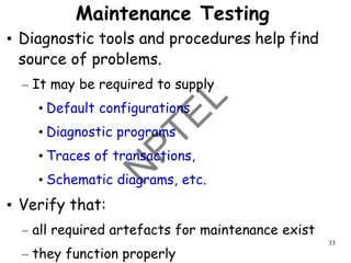 33
Maintenance Testing
• Diagnostic tools and procedures help find
source of problems.
– It may be required to supply
• Default configurations
• Diagnostic programs
• Traces of transactions,
• Schematic diagrams, etc.
• Verify that:
– all required artefacts for maintenance exist
– they function properly
 