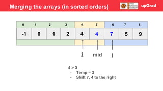 -1 0 1 4
2 4 7 5 9
3 4 5
0 1 2 6 7 8
i j
mid
4 > 3
- Temp = 3
- Shift 7, 4 to the right
Merging the arrays (in sorted orders)
 
