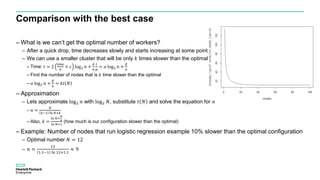 Comparison with the best case
– What is we can’t get the optimal number of workers?
– After a quick drop, time decreases slowly and starts increasing at some point
– We can use a smaller cluster that will be only 𝑘 times slower than the optimal
– Time: 𝑡 = 2
64𝑤
𝑏
+ 𝑐 log2 𝑛 +
𝑑
𝑛
𝑙
𝑝
= 𝛼 log2 𝑛 +
𝛽
𝑛
– Find the number of nodes that is 𝑘 time slower than the optimal
– 𝛼 log2 𝑛 +
𝛽
𝑛
= 𝑘𝑡 𝑁
– Approximation
– Lets approximate log2 𝑛 with log2 𝑁, substitute 𝑡 𝑁 and solve the equation for 𝑛
– 𝑛 =
𝑁
𝑘−1 ln 𝑁+𝑘
– Also, 𝑘 =
ln 𝑁+
𝑁
𝑛
ln 𝑁+1
(how much is our configuration slower than the optimal)
– Example: Number of nodes that run logistic regression example 10% slower than the optimal configuration
– Optimal number 𝑁 = 12
– 𝑛 =
12
1.1−1 ln 12+1.1
≈ 9
 