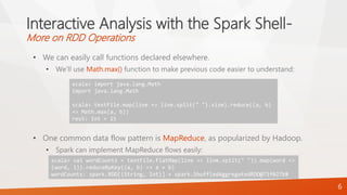 Interactive Analysis with the Spark Shell-
More on RDD Operations
• We can easily call functions declared elsewhere.
• We’ll use Math.max() function to make previous code easier to understand:
• One common data flow pattern is MapReduce, as popularized by Hadoop.
• Spark can implement MapReduce flows easily:
6
scala> import java.lang.Math
import java.lang.Math
scala> textFile.map(line => line.split(" ").size).reduce((a, b)
=> Math.max(a, b))
res5: Int = 15
scala> val wordCounts = textFile.flatMap(line => line.split(" ")).map(word =>
(word, 1)).reduceByKey((a, b) => a + b)
wordCounts: spark.RDD[(String, Int)] = spark.ShuffledAggregatedRDD@71f027b8
 