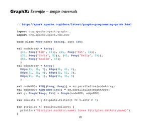 // http://spark.apache.org/docs/latest/graphx-programming-guide.html!
!
import org.apache.spark.graphx._"
import org.apache.spark.rdd.RDD"
!
case class Peep(name: String, age: Int)"
!
val nodeArray = Array("
(1L, Peep("Kim", 23)), (2L, Peep("Pat", 31)),"
(3L, Peep("Chris", 52)), (4L, Peep("Kelly", 39)),"
(5L, Peep("Leslie", 45))"
)"
val edgeArray = Array("
Edge(2L, 1L, 7), Edge(2L, 4L, 2),"
Edge(3L, 2L, 4), Edge(3L, 5L, 3),"
Edge(4L, 1L, 1), Edge(5L, 3L, 9)"
)"
!
val nodeRDD: RDD[(Long, Peep)] = sc.parallelize(nodeArray)"
val edgeRDD: RDD[Edge[Int]] = sc.parallelize(edgeArray)"
val g: Graph[Peep, Int] = Graph(nodeRDD, edgeRDD)"
!
val results = g.triplets.filter(t => t.attr > 7)"
!
for (triplet <- results.collect) {"
println(s"${triplet.srcAttr.name} loves ${triplet.dstAttr.name}")"
}
171
GraphX: Example – simple traversals
 
