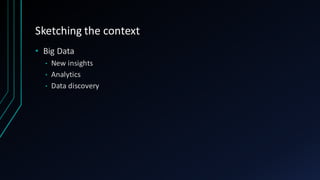 Sketching	the	context
• Big	Data
• New	insights
• Analytics
• Data	discovery
 