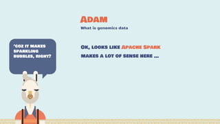 Adam
What is genomics data
‘coz it makes
sparkling
bubbles, right?
Ok, looks like Apache Spark
makes a lot of sense here …
 