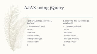 AJAX using jQuery
– $.get( url [, data ] [, success ] [,
dataType ] )
– Equivalent to $.ajax({
url: url,
data: data,
success: success,
dataType: dataType,
method: «GET»
});
– $.post( url [, data ] [, success ] [,
dataType ] )
– Equivalent to $.ajax({
url: url,
data: data,
success: success,
dataType: dataType,
method: «POST»
});
 