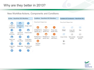Why are they better in 2013?

  New Workflow Actions, Components and Conditions
 