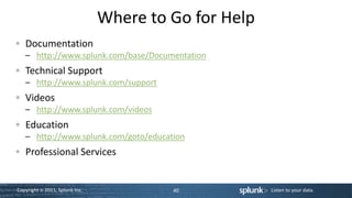Where to Go for Help
   Documentation
   – http://www.splunk.com/base/Documentation
   Technical Support
   – http://www.splunk.com/support
   Videos
   – http://www.splunk.com/videos
   Education
   – http://www.splunk.com/goto/education
   Professional Services


Copyright © 2011, Splunk Inc.            40            Listen to your data.
 