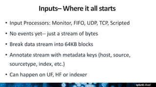 • Input Processors: Monitor, FIFO, UDP, TCP, Scripted
• No events yet-- just a stream of bytes
• Break data stream into 64KB blocks
• Annotate stream with metadata keys (host, source,
sourcetype, index, etc.)
• Can happen on UF, HF or indexer
Inputs– Where it all starts
 