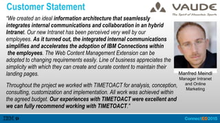 Customer Statement
“We created an ideal information architecture that seamlessly
integrates internal communications and collaboration in an hybrid
Intranet. Our new Intranet has been perceived very well by our
employees. As it turned out, the integrated internal communications
simplifies and accelerates the adoption of IBM Connections within
the employees. The Web Content Management Extension can be
adopted to changing requirements easily. Line of business appreciates the
simplicity with which they can create and curate content to maintain their
landing pages.
Throughout the project we worked with TIMETOACT for analysis, conception,
consulting, customization and implementation. All work was achieved within
the agreed budget. Our experiences with TIMETOACT were excellent and
we can fully recommend working with TIMETOACT."
Manfred Meindl
Manager Intranet
and Online
Marketing
 