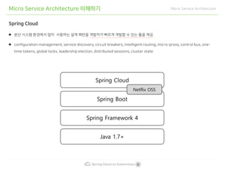 Spring Cloud on Kubernetes
Micro Service Architecture 이해하기 Micro Service Architecture
Spring Cloud
분산 시스템 환경에서 많이 사용하는 설계 패턴을 개발자가 빠르게 개발할 수 있는 툴을 제공.
configuration management, service discovery, circuit breakers, intelligent routing, micro-proxy, control bus, one-
time tokens, global locks, leadership election, distributed sessions, cluster state
Spring Framework 4
Java 1.7+
Spring Boot
Spring Cloud
Netflix OSS
 