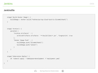 Spring Cloud on Kubernetes
Jenkins CI/CD
Jenkinsfile
stage('Build Docker Image') {
buildImage = docker.build("hubtea/spring-cloud-hystrix:${commitHash}")
}
stage('Archive') {
parallel (
"Archive Artifacts" : {
archiveArtifacts artifacts: '**/build/libs/*.jar', fingerprint: true
},
"Docker Image Push" : {
buildImage.push("${commitHash}")
buildImage.push("latest")
}
)
}
stage('Kubernetes Deploy') {
sh 'kubectl apply --namespace=development -f deployment.yaml'
}
}
 