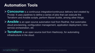 Unless otherwise indicated, these slides are © 2013 -2016 Piv otal Software, Inc. and licensed under a
Creative Commons Attribution-NonCommercial license: http://creativecommons.org/licenses/by-nc/3.0/
Automation Tools
Concourse is a continuous integration/continuous delivery tool created by
Pivotal. It uses pipelines to define a series of jobs that can execute the
Terraform and Ansible scripts, perform Maven builds, among other things.
Ansible is an open source automation tool from RedHat, that automates
cloud provisioning, configuration management, application deployment, intra-
service orchestration, etc
Terraform is an open source tool from Hashicorp, for automating
infrastructure in the cloud.
5
 