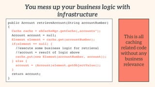 You mess up your business logic with 
infrastructure 
public Account retrieveAccount(String accountNumber) 
{! 
Cache cache = ehCacheMgr.getCache(„accounts“);! 
Account account = null;! 
Element element = cache.get(accountNumber);! 
if(element == null) {! 
//execute some business logic for retrieval! 
//account = result of logic above! 
cache.put(new Element(accountNumber, account));! 
} else {! 
account = (Account)element.getObjectValue();! 
}! 
return account;! 
} 
This is all 
caching 
related code 
without any 
business 
relevance 
 