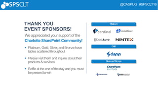 @CASPUG #SPSCLT16
Platinum
Gold
SilverandBronze
Charlotte SharePoint Community!



THANK YOU
EVENT SPONSORS!
 