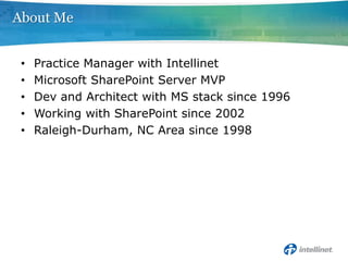Practice Manager with IntellinetMicrosoft SharePoint Server MVPDev and Architect with MS stack since 1996Working with SharePoint since 2002Raleigh-Durham, NC Area since 1998About Me