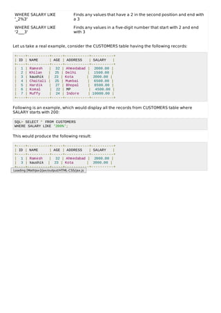 WHERE SALARY LIKE
'_2%3'
Finds any values that have a 2 in the second position and end with
a 3
WHERE SALARY LIKE
'2___3'
Finds any values in a five-digit number that start with 2 and end
with 3
Let us take a real example, consider the CUSTOMERS table having the following records:
+----+----------+-----+-----------+----------+
| ID | NAME | AGE | ADDRESS | SALARY |
+----+----------+-----+-----------+----------+
| 1 | Ramesh | 32 | Ahmedabad | 2000.00 |
| 2 | Khilan | 25 | Delhi | 1500.00 |
| 3 | kaushik | 23 | Kota | 2000.00 |
| 4 | Chaitali | 25 | Mumbai | 6500.00 |
| 5 | Hardik | 27 | Bhopal | 8500.00 |
| 6 | Komal | 22 | MP | 4500.00 |
| 7 | Muffy | 24 | Indore | 10000.00 |
+----+----------+-----+-----------+----------+
Following is an example, which would display all the records from CUSTOMERS table where
SALARY starts with 200:
SQL> SELECT * FROM CUSTOMERS
WHERE SALARY LIKE '200%';
This would produce the following result:
+----+----------+-----+-----------+----------+
| ID | NAME | AGE | ADDRESS | SALARY |
+----+----------+-----+-----------+----------+
| 1 | Ramesh | 32 | Ahmedabad | 2000.00 |
| 3 | kaushik | 23 | Kota | 2000.00 |
+----+----------+-----+-----------+----------+
Loading [MathJax]/jax/output/HTML-CSS/jax.js
 