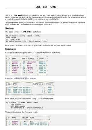 SQL - LEFT JOINSSQL - LEFT JOINS
The SQL LEFT JOIN returns all rows from the left table, even if there are no matches in the right
table. This means that if the ON clause matches 0 zero records in right table, the join will still return
a row in the result, but with NULL in each column from right table.
This means that a left join returns all the values from the left table, plus matched values from the
right table or NULL in case of no matching join predicate.
Syntax:
The basic syntax of LEFT JOIN is as follows:
SELECT table1.column1, table2.column2...
FROM table1
LEFT JOIN table2
ON table1.common_field = table2.common_field;
Here given condition could be any given expression based on your requirement.
Example:
Consider the following two tables, a CUSTOMERS table is as follows:
+----+----------+-----+-----------+----------+
| ID | NAME | AGE | ADDRESS | SALARY |
+----+----------+-----+-----------+----------+
| 1 | Ramesh | 32 | Ahmedabad | 2000.00 |
| 2 | Khilan | 25 | Delhi | 1500.00 |
| 3 | kaushik | 23 | Kota | 2000.00 |
| 4 | Chaitali | 25 | Mumbai | 6500.00 |
| 5 | Hardik | 27 | Bhopal | 8500.00 |
| 6 | Komal | 22 | MP | 4500.00 |
| 7 | Muffy | 24 | Indore | 10000.00 |
+----+----------+-----+-----------+----------+
b Another table is ORDERS as follows:
+-----+---------------------+-------------+--------+
| OID | DATE | CUSTOMER_ID | AMOUNT |
+-----+---------------------+-------------+--------+
| 102 | 2009-10-08 00:00:00 | 3 | 3000 |
| 100 | 2009-10-08 00:00:00 | 3 | 1500 |
| 101 | 2009-11-20 00:00:00 | 2 | 1560 |
| 103 | 2008-05-20 00:00:00 | 4 | 2060 |
+-----+---------------------+-------------+--------+
Now, let us join these two tables using LEFT JOIN as follows:
SQL> SELECT ID, NAME, AMOUNT, DATE
FROM CUSTOMERS
LEFT JOIN ORDERS
ON CUSTOMERS.ID = ORDERS.CUSTOMER_ID;
This would produce the following result:
+----+----------+--------+---------------------+
| ID | NAME | AMOUNT | DATE |
+----+----------+--------+---------------------+
| 1 | Ramesh | NULL | NULL |
| 2 | Khilan | 1560 | 2009-11-20 00:00:00 |
| 3 | kaushik | 3000 | 2009-10-08 00:00:00 |
 