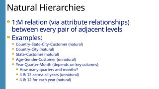 Natural Hierarchies
1:M relation (via attribute relationships)
between every pair of adjacent levels
Examples:
Country-State-City-Customer (natural)
Country-City (natural)
State-Customer (natural)
Age-Gender-Customer (unnatural)
Year-Quarter-Month (depends on key columns)
How many quarters and months?
4 & 12 across all years (unnatural)
4 & 12 for each year (natural)
 