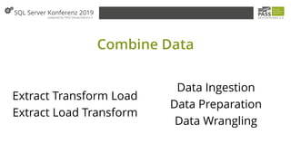 Combine Data
Extract Transform Load
Extract Load Transform
Data Ingestion
Data Preparation
Data Wrangling
 