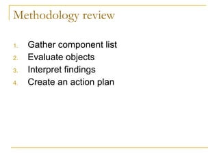 Methodology review Gather component list Evaluate objects Interpret findings Create an action plan 