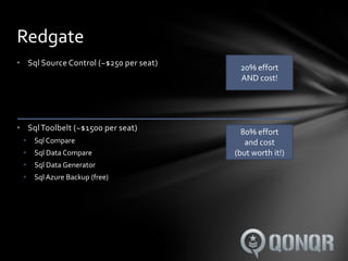 Redgate
• Sql Source Control (~$250 per seat)
                                         20% effort
                                         AND cost!




• Sql Toolbelt (~$1500 per seat)          80% effort
 •   Sql Compare                           and cost
 •   Sql Data Compare                   (but worth it!)
 •   Sql Data Generator
 •   Sql Azure Backup (free)
 