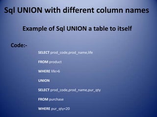 Sql UNION with different column names

     Example of Sql UNION a table to itself

 Code:-
          SELECT prod_code,prod_name,life

          FROM product

          WHERE life>6

          UNION

          SELECT prod_code,prod_name,pur_qty

          FROM purchase

          WHERE pur_qty<20
 