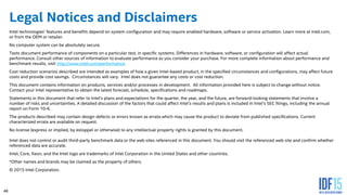 48
Legal Notices and Disclaimers
Intel technologies’ features and benefits depend on system configuration and may require enabled hardware, software or service activation. Learn more at intel.com,
or from the OEM or retailer.
No computer system can be absolutely secure.
Tests document performance of components on a particular test, in specific systems. Differences in hardware, software, or configuration will affect actual
performance. Consult other sources of information to evaluate performance as you consider your purchase. For more complete information about performance and
benchmark results, visit http://www.intel.com/performance.
Cost reduction scenarios described are intended as examples of how a given Intel-based product, in the specified circumstances and configurations, may affect future
costs and provide cost savings. Circumstances will vary. Intel does not guarantee any costs or cost reduction.
This document contains information on products, services and/or processes in development. All information provided here is subject to change without notice.
Contact your Intel representative to obtain the latest forecast, schedule, specifications and roadmaps.
Statements in this document that refer to Intel’s plans and expectations for the quarter, the year, and the future, are forward-looking statements that involve a
number of risks and uncertainties. A detailed discussion of the factors that could affect Intel’s results and plans is included in Intel’s SEC filings, including the annual
report on Form 10-K.
The products described may contain design defects or errors known as errata which may cause the product to deviate from published specifications. Current
characterized errata are available on request.
No license (express or implied, by estoppel or otherwise) to any intellectual property rights is granted by this document.
Intel does not control or audit third-party benchmark data or the web sites referenced in this document. You should visit the referenced web site and confirm whether
referenced data are accurate.
Intel, Core, Xeon, and the Intel logo are trademarks of Intel Corporation in the United States and other countries.
*Other names and brands may be claimed as the property of others.
© 2015 Intel Corporation.
 